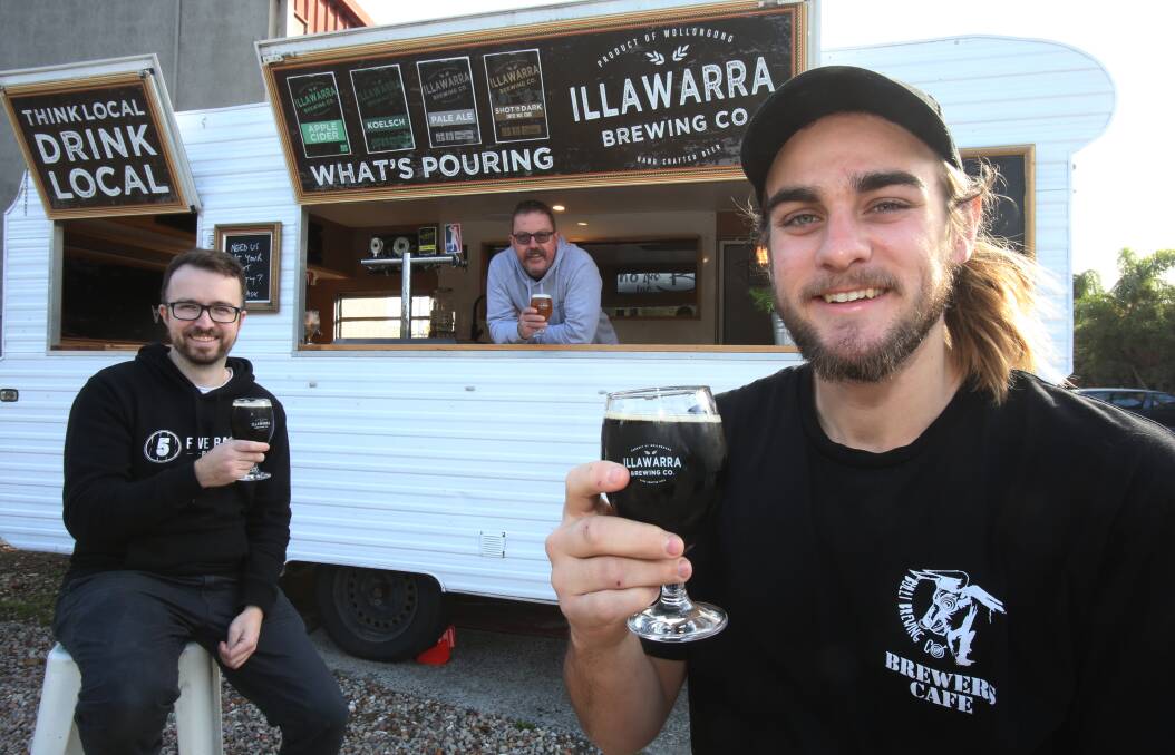 Cheers: Phil O'Shea from Five Barrel, Dave McGrath from Illawarra Brewing and Andy Stanbrook from Bulli Brewing will be serving beers in the mall. Picture: Robert Peet
