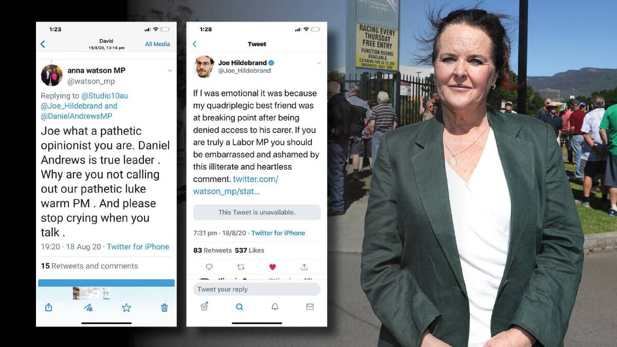 Shellharbour MP Anna Watson and the tweet (since deleted) she sent and the response it got. Main picture: Robert Peet