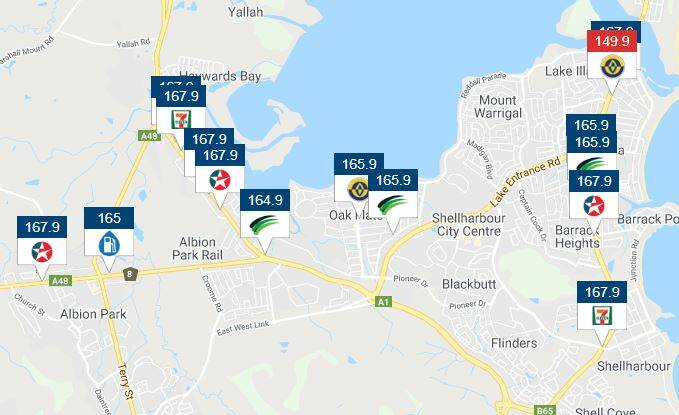 An image from the NSW Government's Fuel Check app showing high prices in the south of the Illawarra. There are similar high prices in the north of the city.