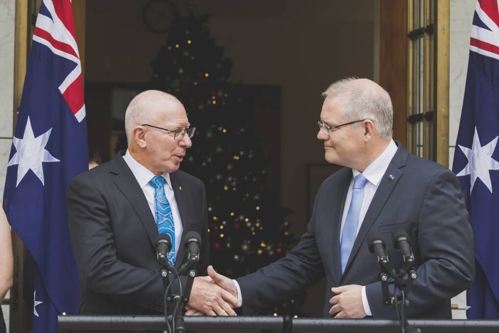 NSW Governor David Hurley, who grew up in Warrawong, shakes hands with Prime Minister Scott Morrison after he is named Australia's next Governor-General.