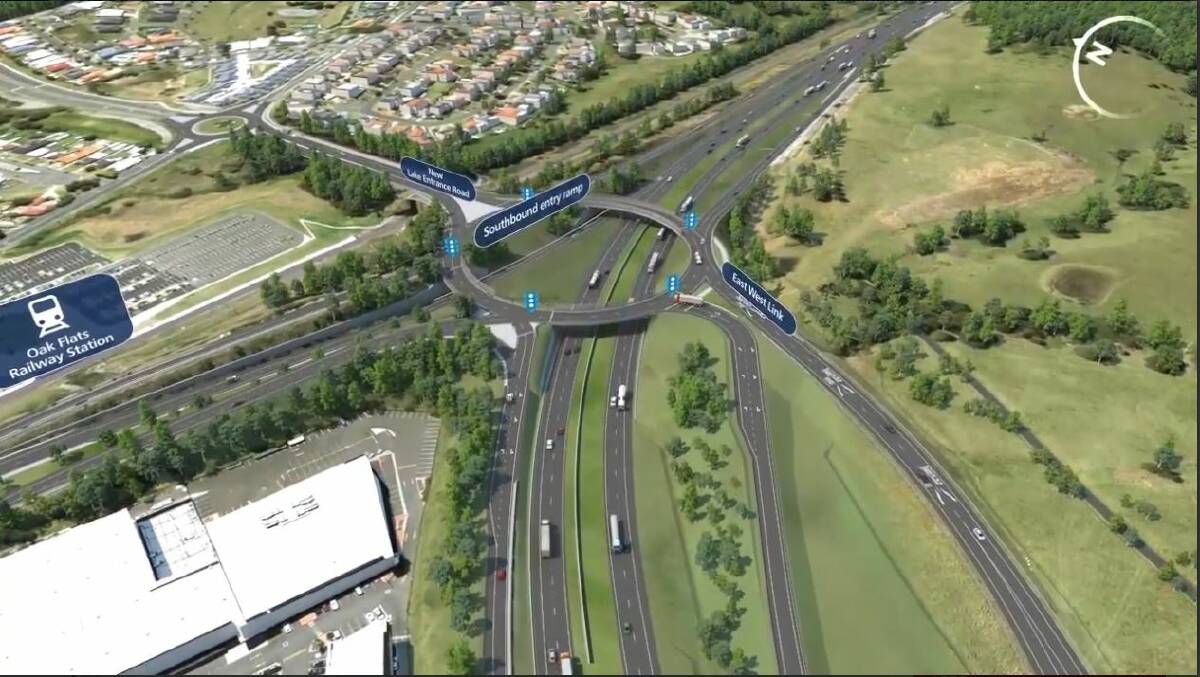 A still from a Roads and Maritime Services video looking south towards the Oak Flats interchange shows the Albion Park Rail bypass flowing underneath it.