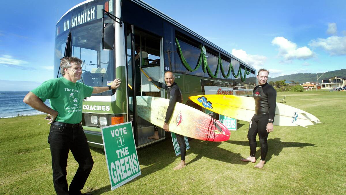 Success: Michael Organ out on the campaign trail with a Greens bus in October 2002. Later that month, he would surprise everyone - including himself - by winning in Cunningham. Picture: Sylvia Liber