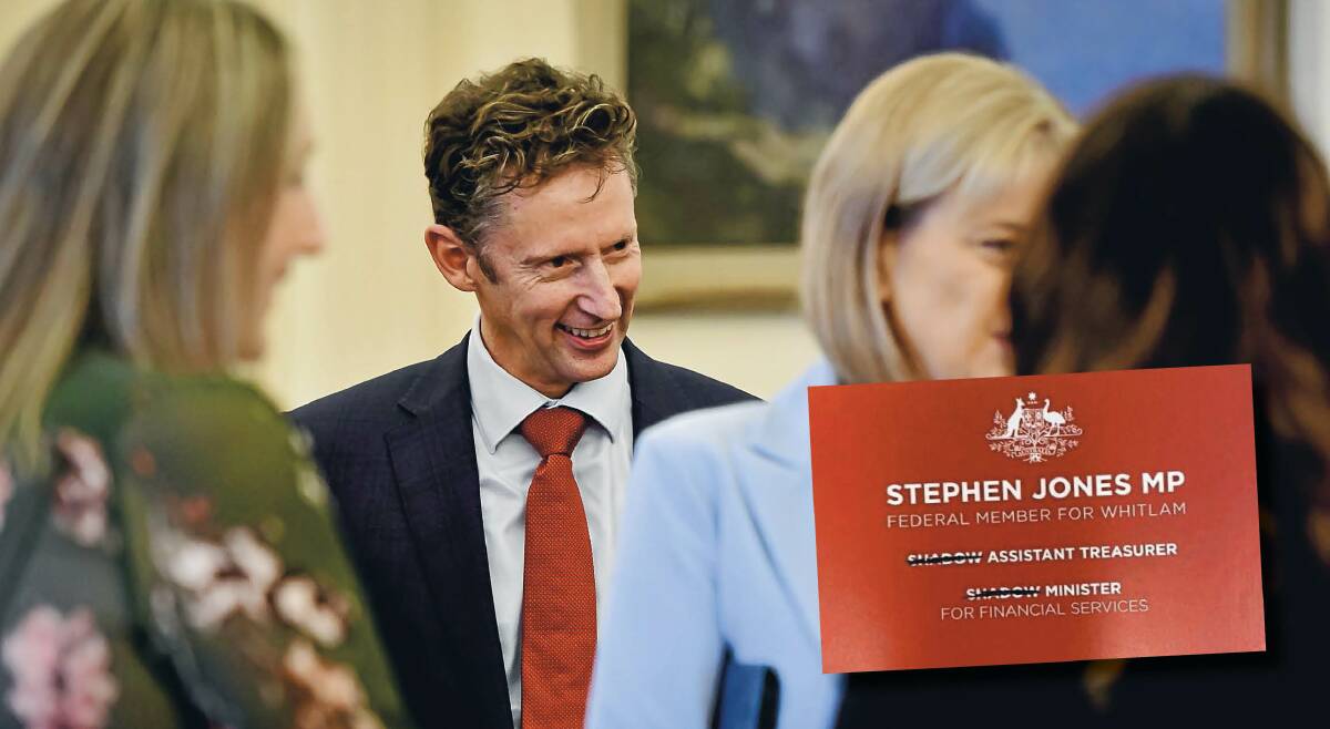 Minister: Stephen Jones at the swearing-in ceremony of the Labor ministry and (inset) his "new" business cards. Picture: Elesa Kurtz