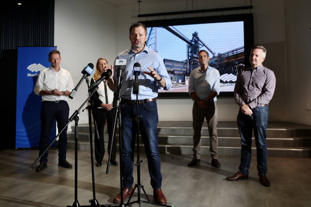 Visit: Labor Industry spokesman Ed Husic at a press conference at BlueScope with other party MPs, including the Illawarra's Sharon Bird and Stephen Jones. Picture: Adam McLean