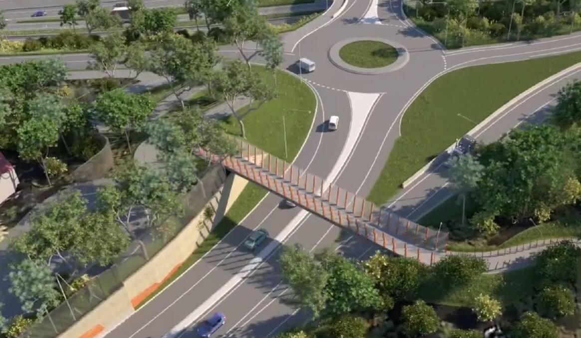 The pedestrian bridge as it appeared in the original animations for the Mt Ousley interchange. The roundabout in the background is also being scrapped in favour of traffic lights.