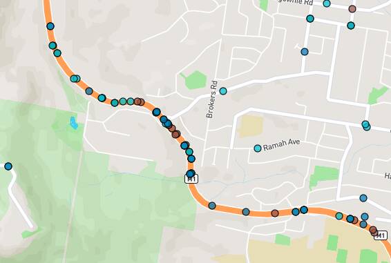 A Centre for Road Safety map showing crash sites coming down Mt Ousley, with the New Mt Pleasant Road overpass in the centre.