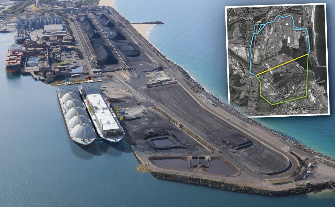 Pipeline plans: An artist's impression of the floating gas terminal in Port Kembla with an inset photo showing the three route options for the pipeline to Cringila - and it's the long squiggly blue one that is the least expensive.
