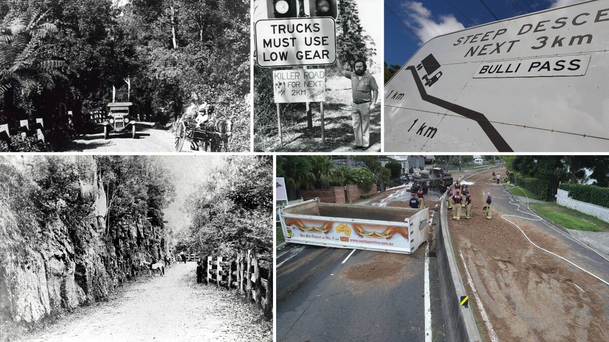The past of the past (clockwise from top left); once the road was improved cars could travel on the pass; Geoff Turner from the Bulli Pass Resident's Action Group in 1980; Plenty of drivers have struggled with the steep descent; in 2019 a truck rolled over on the pass and covered the road with its load; Bulli Pass back when it was a route for horse and cart. 