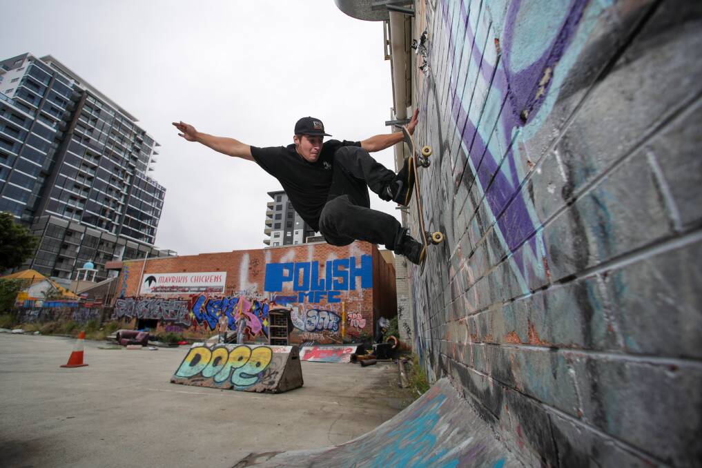 Park: Wollongong skate boarder Tobi Wilson at the DIY skatepark known as Mavs in Ellen Street, just south of the city CBD. Picture: Adam McLean