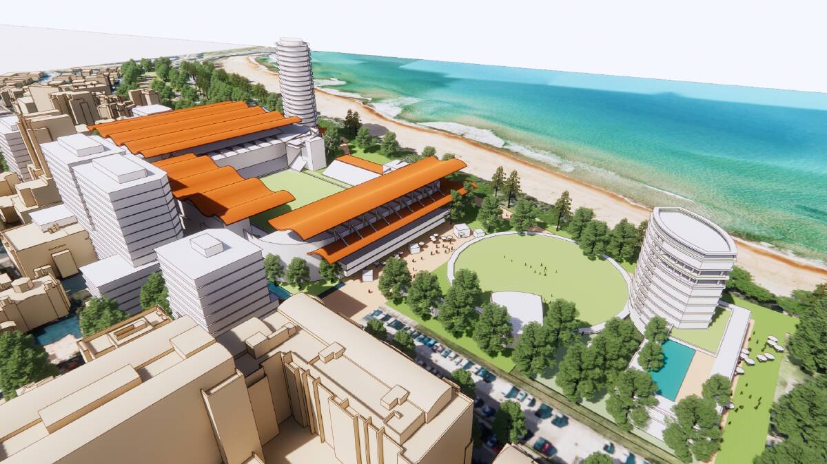 An artist's impression of the Business Illawarra plan for the Wollongong Entertainment Centre precinct, including a beachside hotel (left) and serviced apartments (right). 