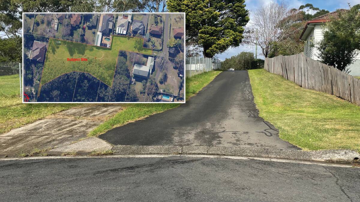 Building: Vacant land in the middle of a suburban Woonona block (inset) could be turned into a villa development, serviced by this small laneway. 