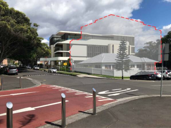 An artist's impression of a proposed apartment block in Blacket Street, North Wollongong. The white outline next to it denotes an already-approved block. Picture by ADM Architects