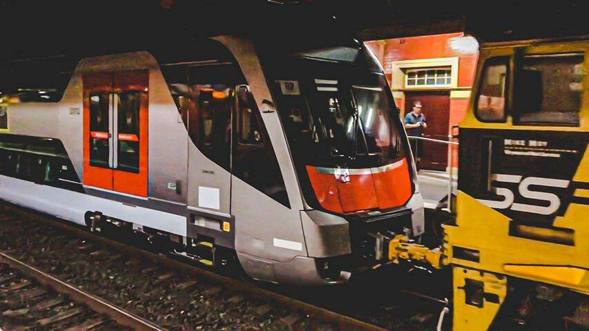 One of the carriages being towed by a locomotive past Wollongong station at night over the weekend. Picture: supplied