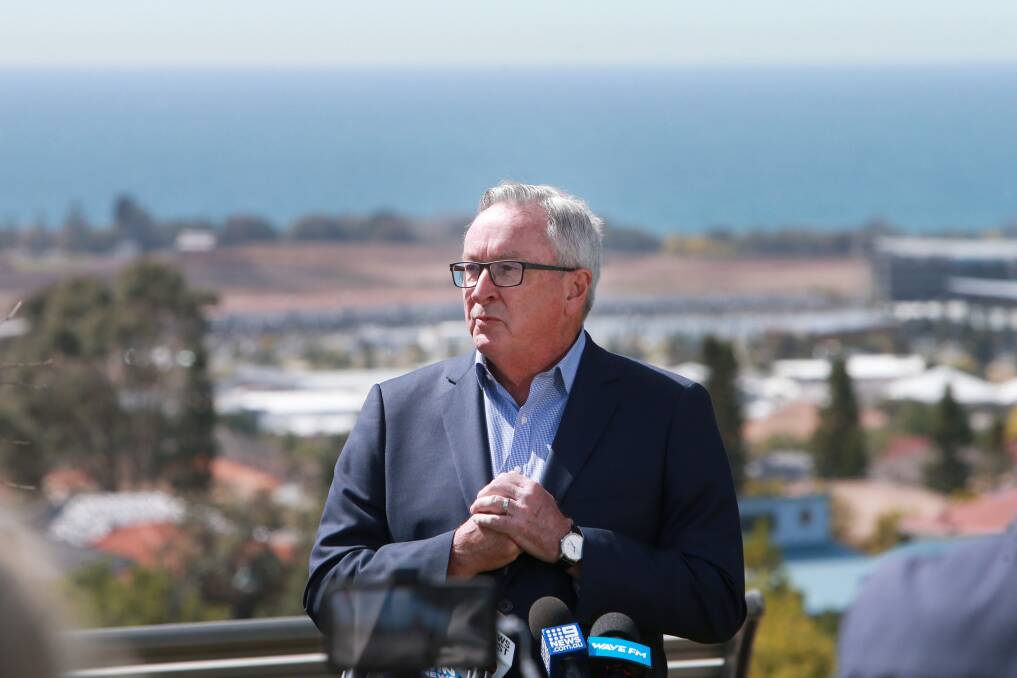 Health Minister Brad Hazzard at the September 2020 announcement that the government would build a new hospital at Shellharbour. Picture: Sylvia Liber