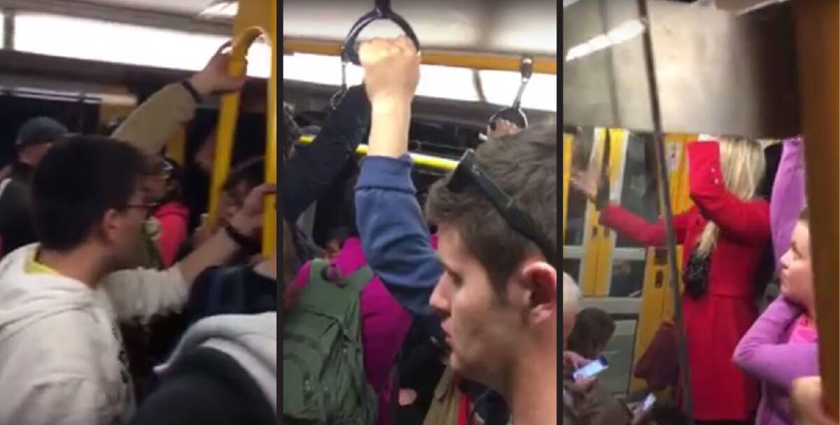 Several images from Clarence Slockee's video showing the commuter crush in the vestibule of a weekend South Coast service.