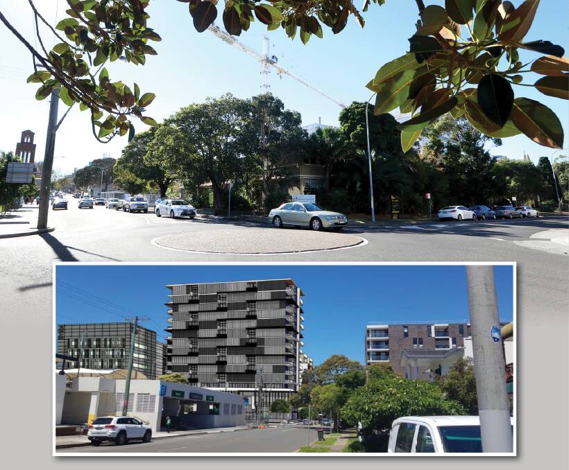 Highrise: The corner of Kembla and Stewart streets could be home to a 14-storey apartment block (inset) if a development application with Wollongong City Council is approved. Picture: Sylvia Liber