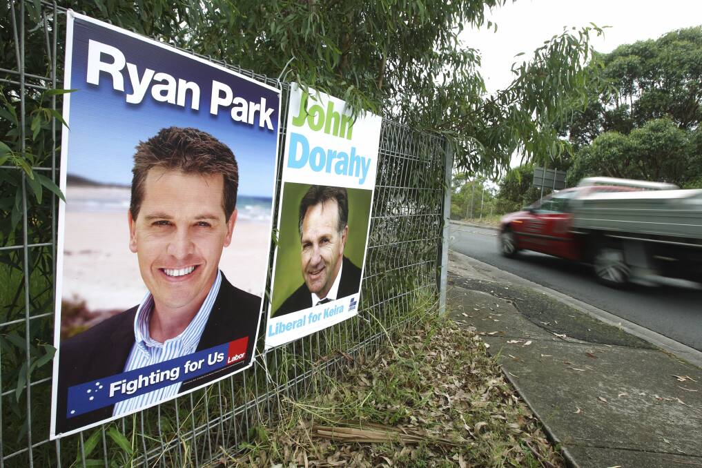 Corflutes from the 2011 state election, where Liberal John Dorahy came close to unseating Labor's Ryan Park. The Wollongong councillor said it was "difficult" to find Liberal candidates in the Illawarra.