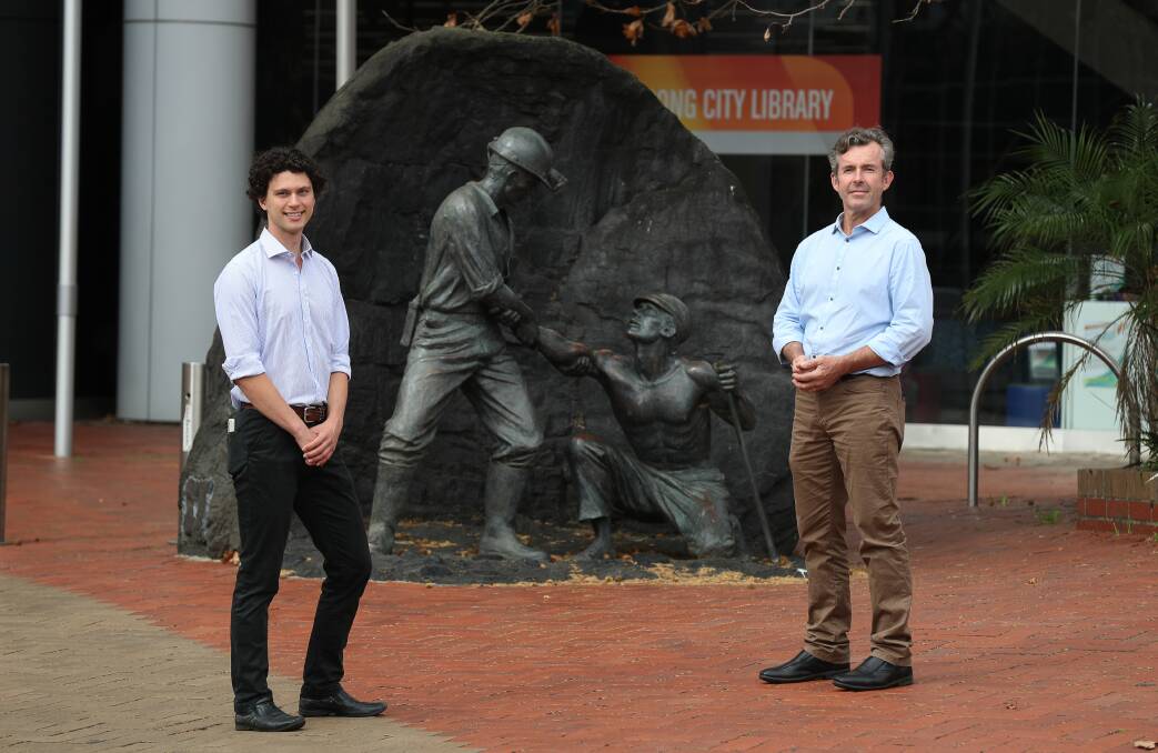 Missing: Greens Cunningham and Whitlam candidates Dylan Green and Jamie Dixon at the launch of the party's $19 billion coal transition plan. The policy document contains one mention of the Illawarra. Picture: Robert Peet