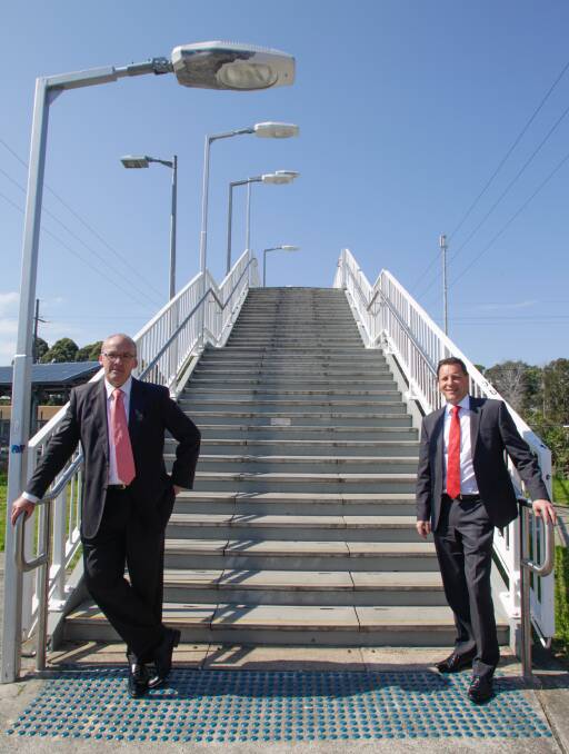 getting a lift: Labor leader Luke Foley (left) and Wollongong candidate Paul Scully have pledged to build lifts at Unanderra station if elected in 2019. Picture: Georgia Matts