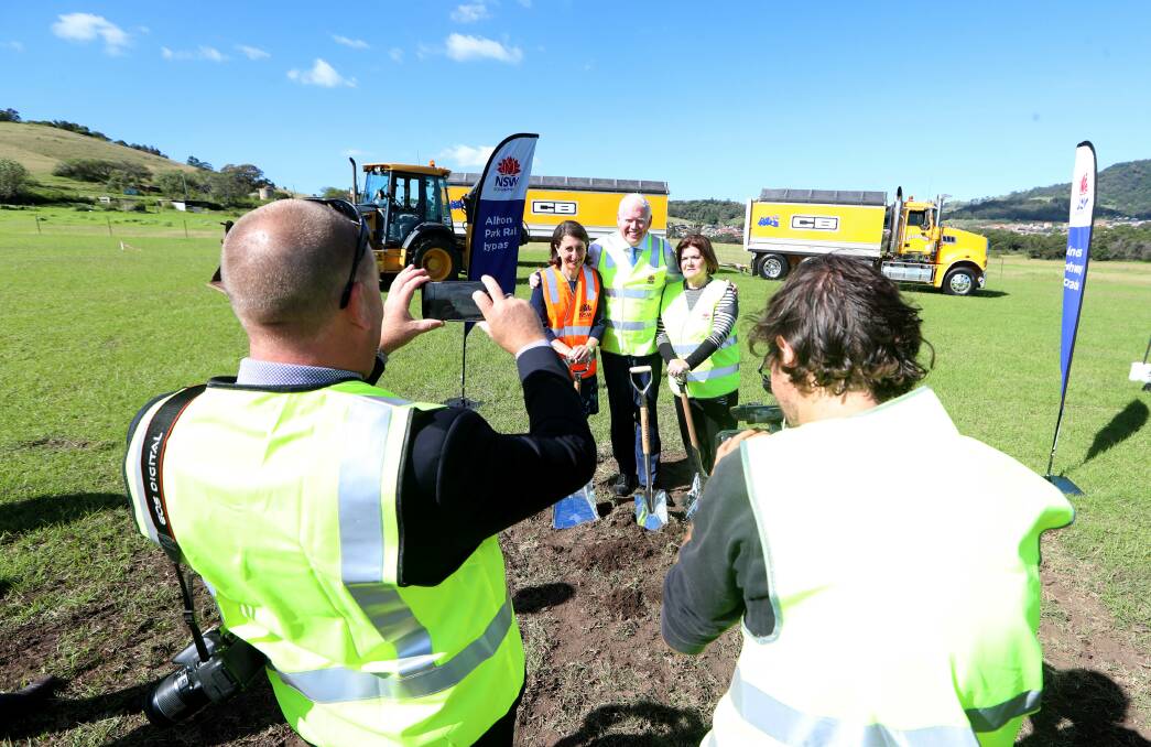 State Premier Gladys Berejiklian (left) with Illawarra MPs Gareth Ward and Shelley Hancock at the start of early works for the Albion Park Rail Bypass. Picture: Sylvia Liber