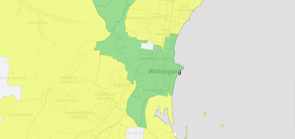 The heatmap showing Wollongong as light green, which means there have been between 10-19 cases of coronavirus in the 2500 postcode. 