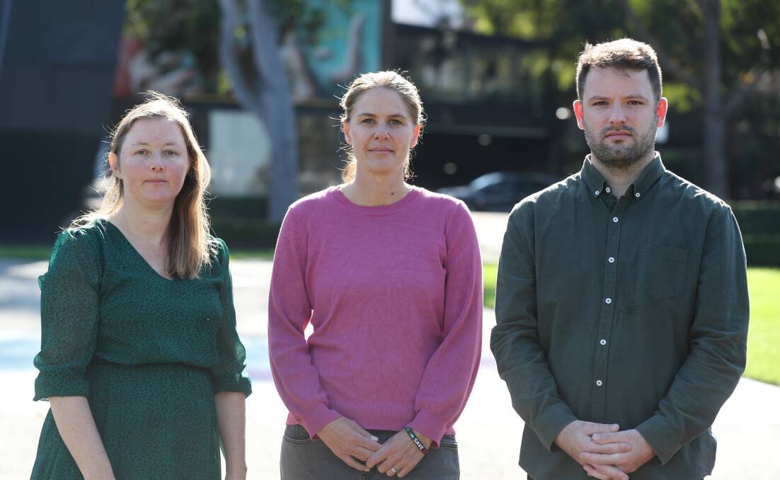 Outgoing Greens city councillor Cath Blakey with the party's Lord Mayoral candidate Jess Whittaker and councillor candidate Kit Docker. The party is calling for development applications from homelessness services to be expedited. Picture by Robert Peet