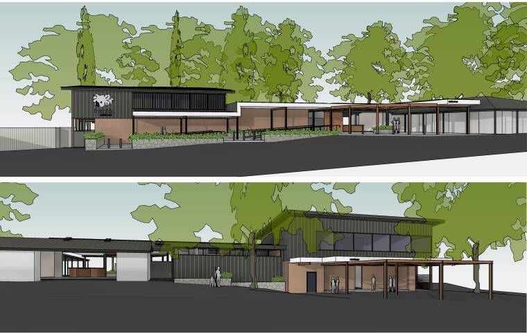 Upgrade: An artist's impression of the proposed new entry building at Symbio from the car park (above) and inside the park. Picture: supplied