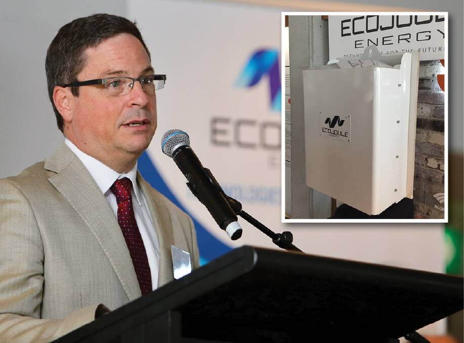 Power control: Ecojoule Energy CEO Dr Mike Wishart at the official handover of the first EcoVAR box (inset) to Endeavour Energy. Picture: Adam McLean