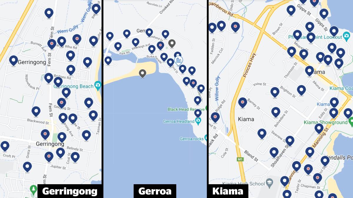 As the blue markers show, the density of short-term rentals in the Kiama local government area is very high.