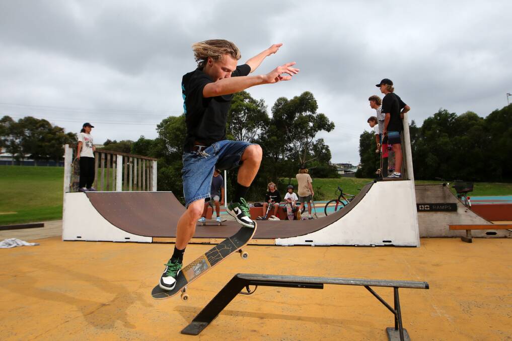 Oscar Simmonite at the Port Kembla DIY skate park .. one of the founders is supportive of Wollongong City Council's moves to buy a mobile skate park. Picture by Sylvia Liber