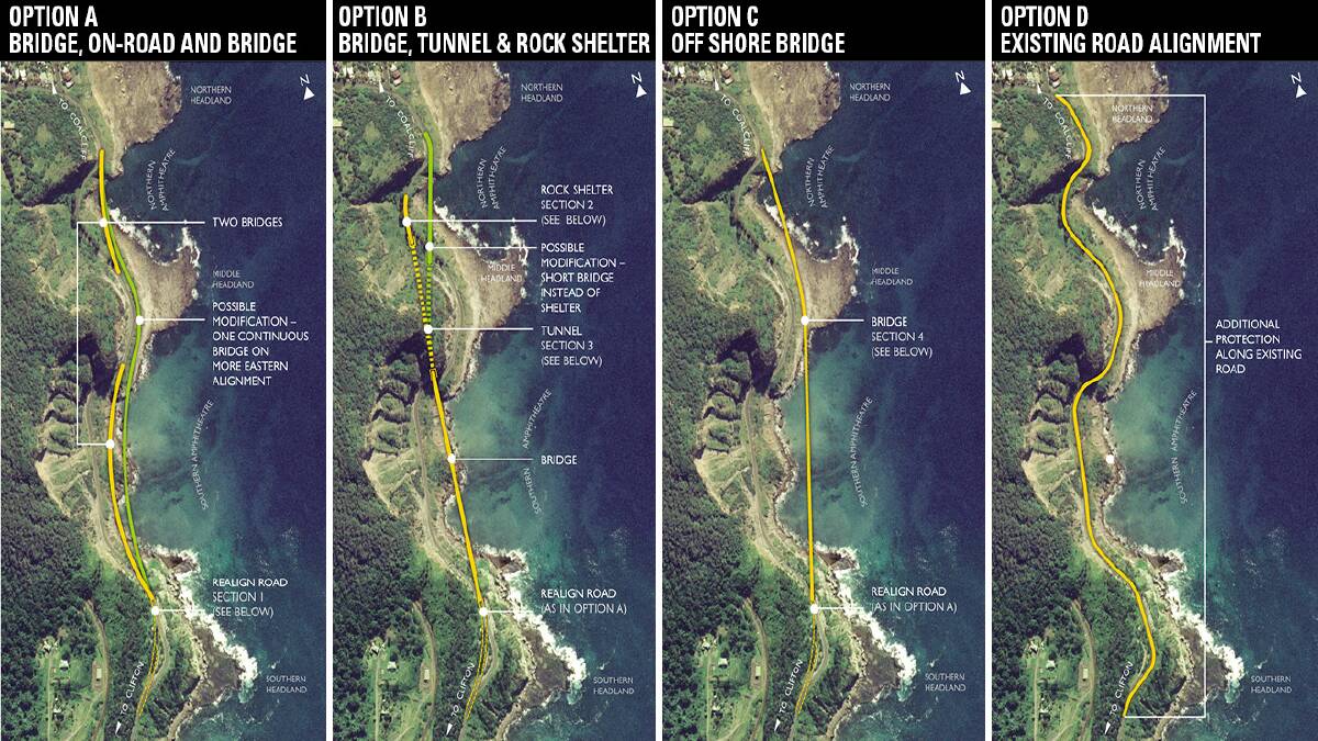 The four different options that were on the board to replace the Coast Road at Clifton - the Sea Cliff Bridge is Option A.