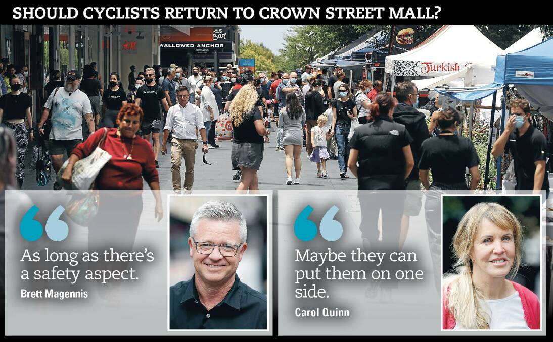A plan floated by Wollongong City Council to introduce cycles to Crown Street Mall has sparked controversy. Pictures: Robert Peet, Anna Warr