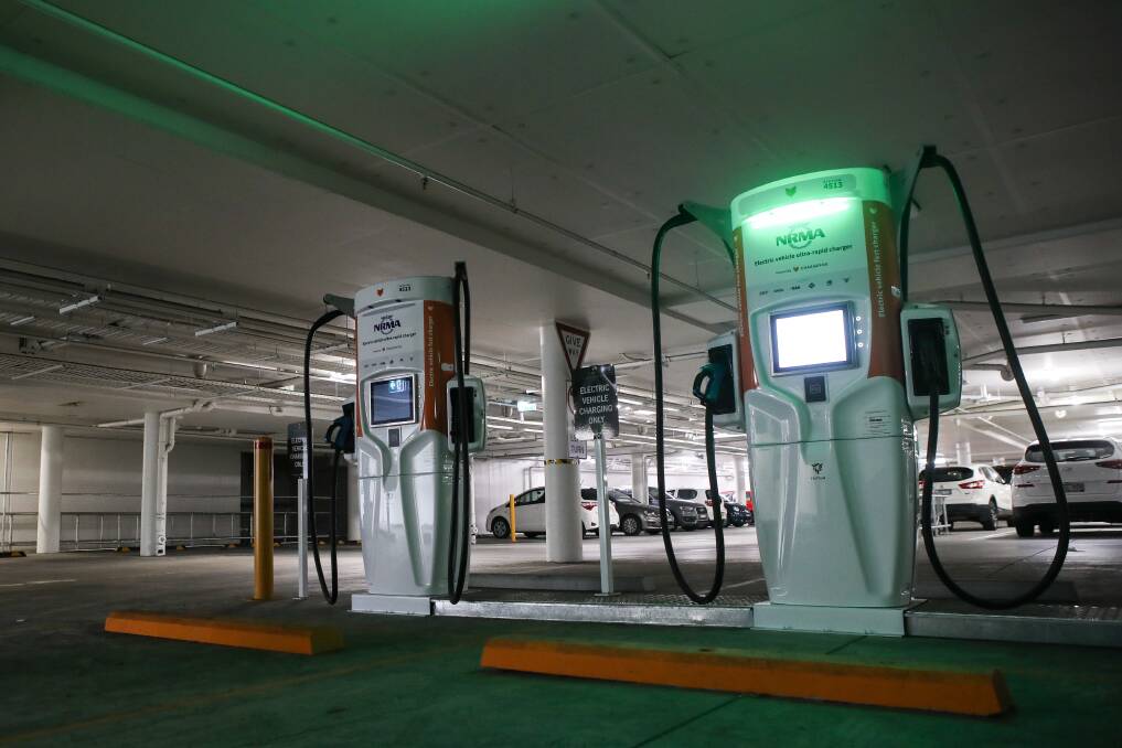 The electric vehicle charging stations at Stocklands Shellharbour ... a draft council policy is aiming to encourage more to be built. Picture: Adam McLean