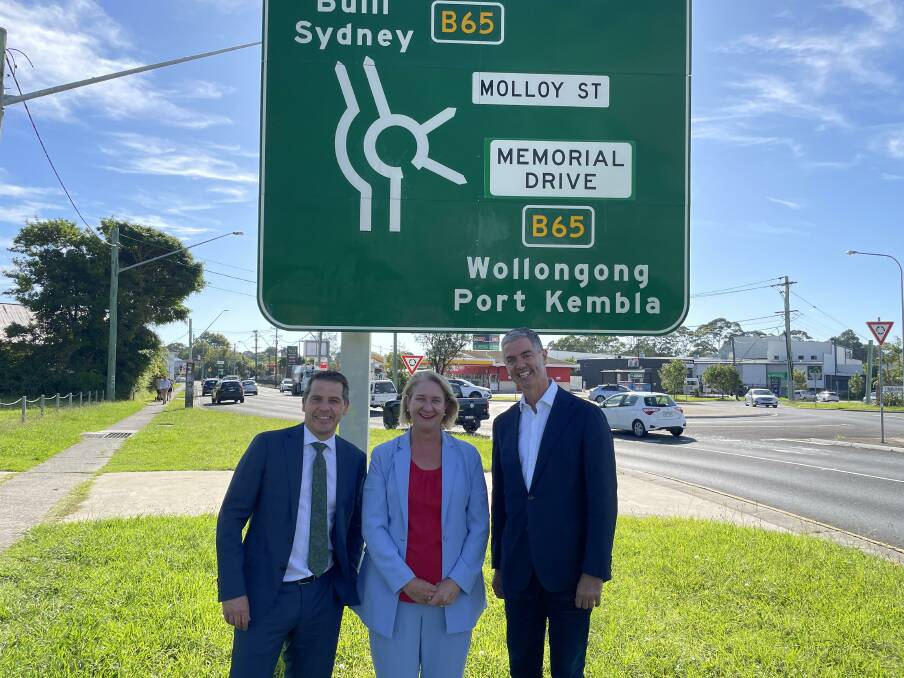 Keira MP Ryan Park, Labor's Heathcote candidate Maryanne Stuart and Labor's Roads spokesman John Graham at the start of a possible Bulli bypass. Picture by Glen Humphries