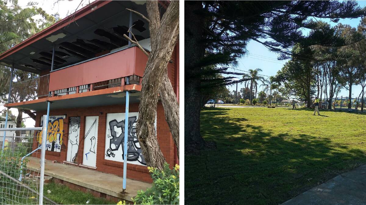 BEFORE and AFTER: The derelict units (left) on the shore of Lake Illawarra at Windang and (right) the extra parkland gained by knocking them down. Pictures: supplied
