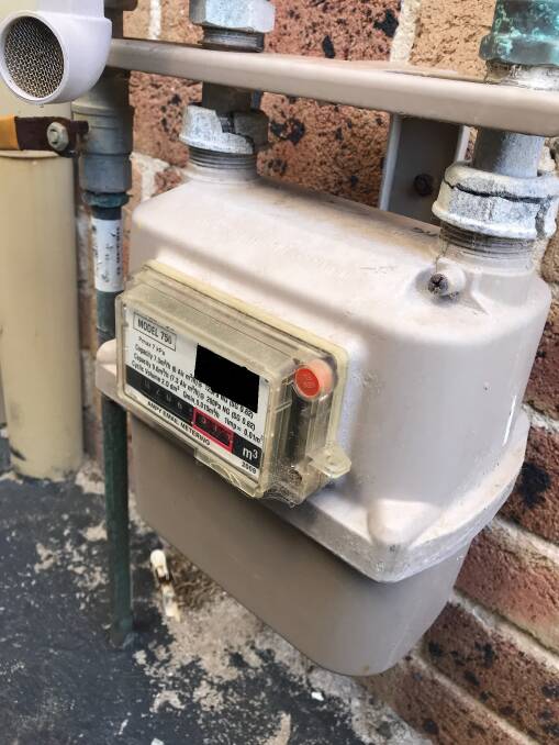 Danger: The leaking gas meter, with the pair of split nuts clearly visible, outside the Barrack Point home of resident Chris Campbell. Picture: Chris Campbell