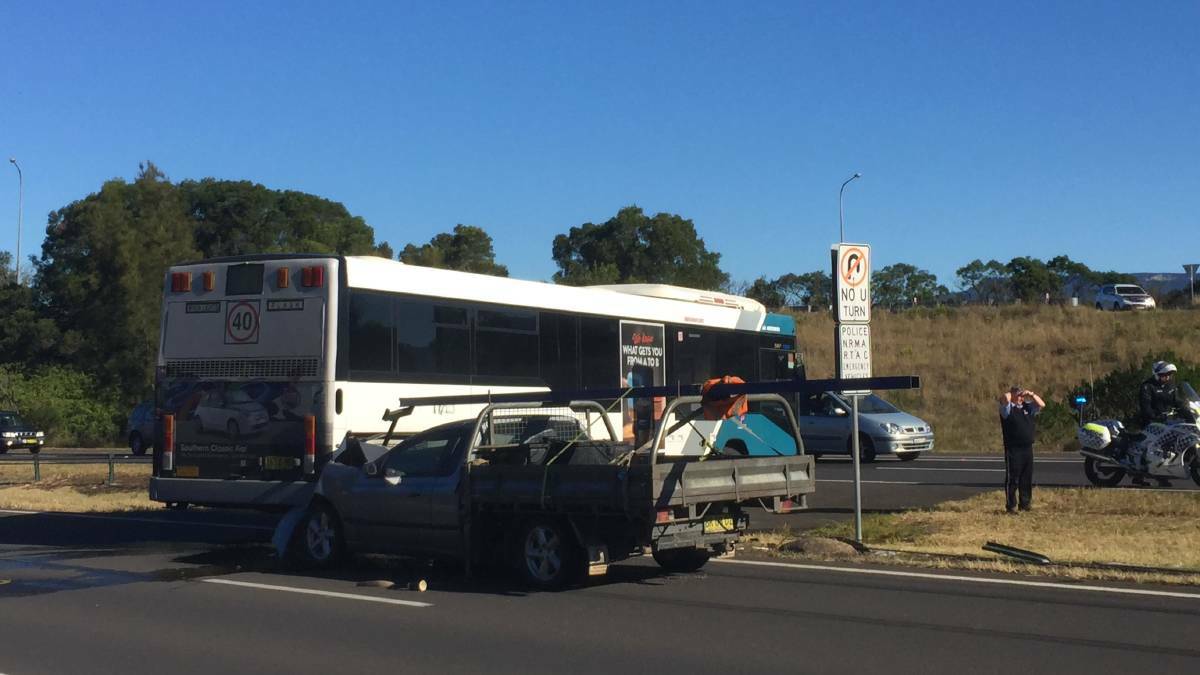 Whoops: A Premier Illawarra bus got into trouble on the Princes Highway by disobeying a no U-turn sign. Picture: Anna Warr