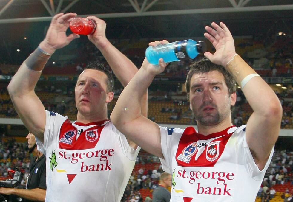 Matthew Head (right), pictured with former Dragons teammate Shaun Timmins. Picture: Bradley Kanaris/Getty Images