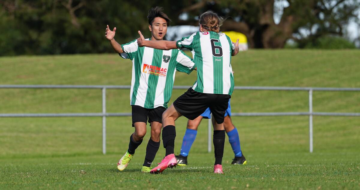 Mondo Kagami and Harry Wagemans celebrate after scoring a goal for Berkeley Sports recently. Picture - @gragrapix