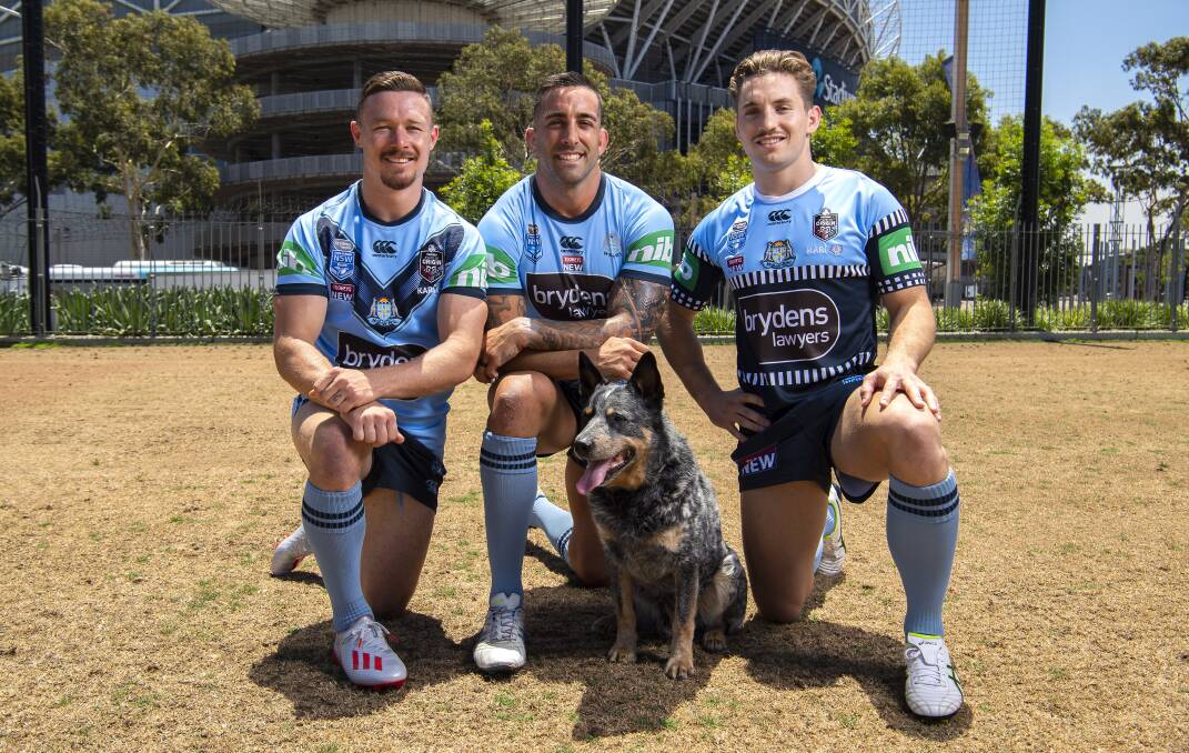 HAPPY IN BLUE: Paul Vaughan (centre) with Damien Cook and Cameron Murray at the NSW Blues' 2020 Jersey Launch in November. Picture: Robb Cox, NRL Imagery
