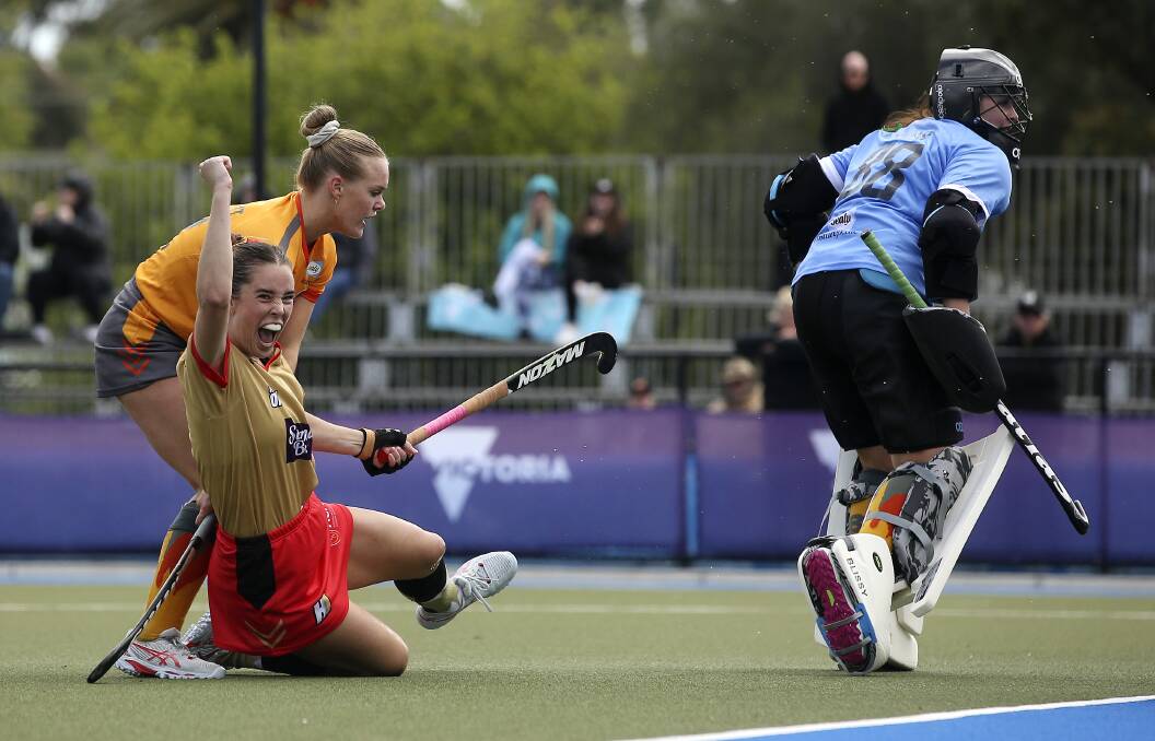 Grace Stewart celebrates after scoring a goal for NSW Pride recently. Picture by Martin Keep/Getty Images