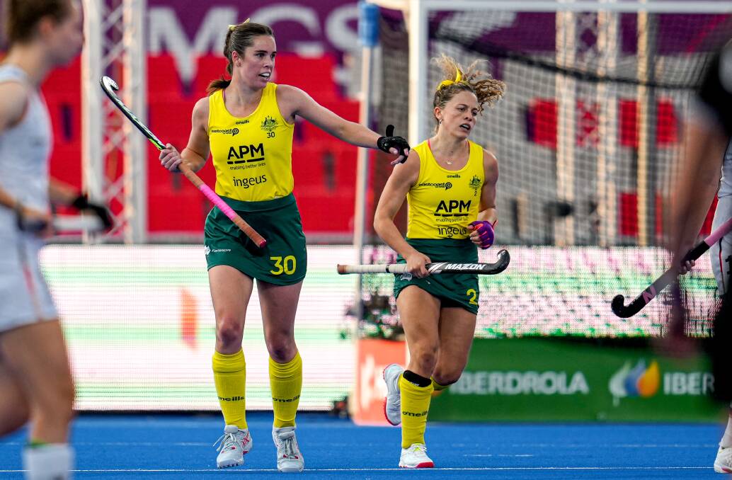 HAPPY DAYS: Grace Stewart celebrates a goal during Australia's win over Germany on Monday morning (AEDT). Picture: Patrick Goosen/Orange Pictures/BSR Agency/Getty Images
