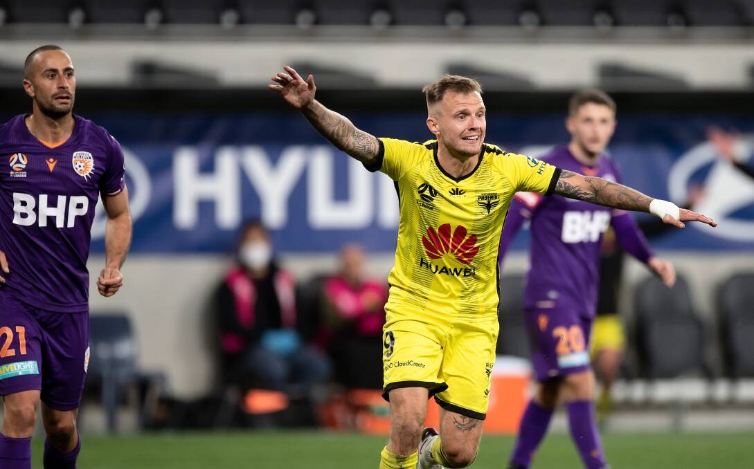 HAPPY DAYS: Wellington striker David Ball celebrates after scoring a goal against the Glory last season. Picture: Speed Media/Icon Sportswire via Getty Images