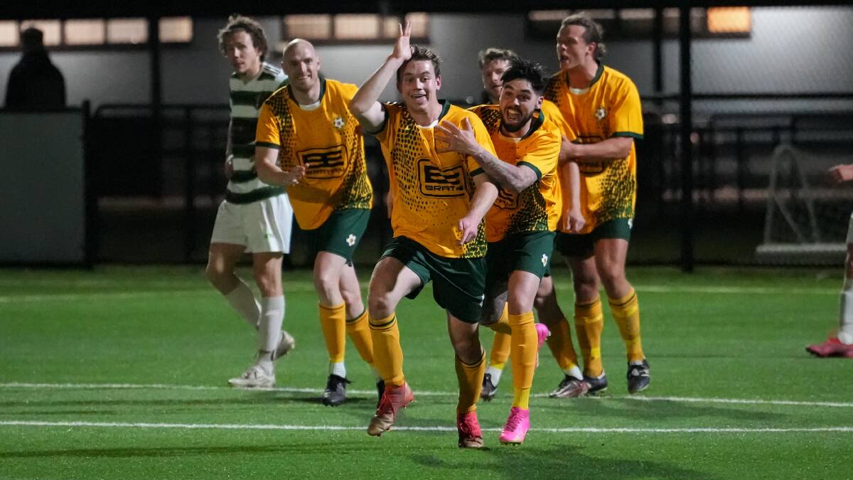 Shoalhaven players celebrate after scoring a goal in this year's Community League all age men's grand final against Hill Top. Picture - @gragrapix