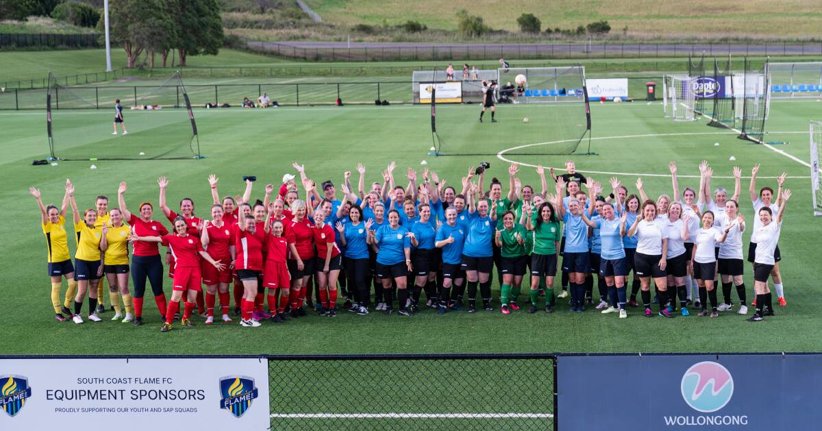 Participants in Football South Coast's inaugural women's over-40s summer competition at Ian McLennan Park on Wednesday night. Picture - @gragrapix