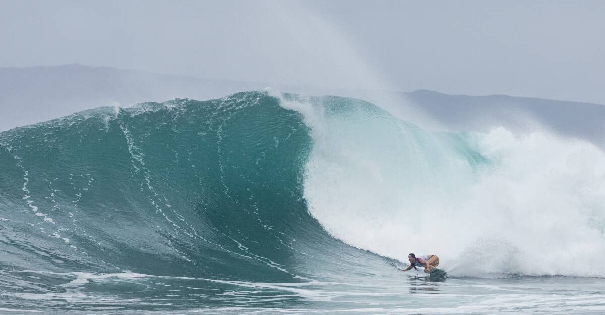 NO FEAR: Tyler Wright takes on a wave at the Maui Pro in Hawaii on Sunday. Picture: Kelly Cestari/World Surf League