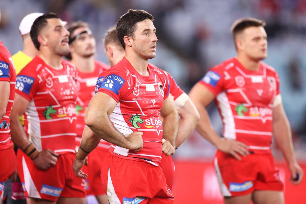 FRUSTRATED: Ben Hunt looks dejected after the Dragons concede a try against the Bulldogs. Pictures: Mark Kolbe/Getty Images and Keegan Carroll