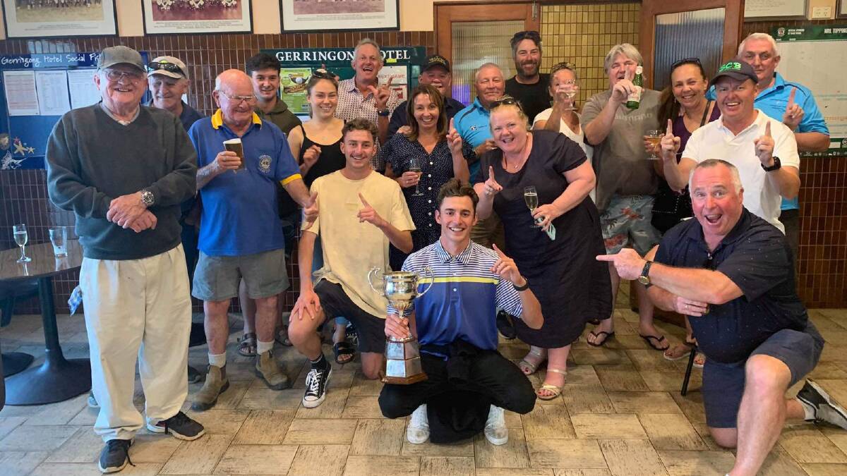 Jake Reay (front) celebrates with friends and family at Gerringong's Cronin Hotel.