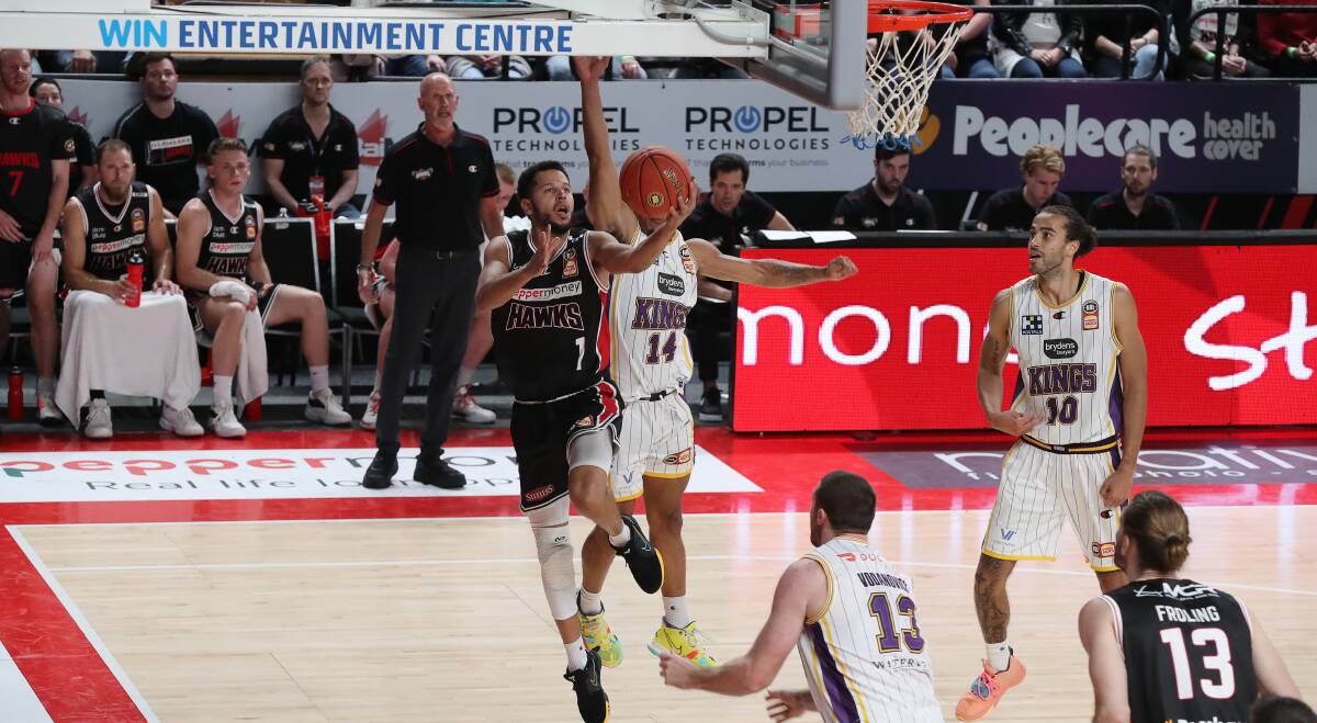 IN FOCUS: Hawks star Tyler Harvey drives towards the basket against the Kings at the WIN Entertainment Centre on Thursday night. Picture: Robert Peet