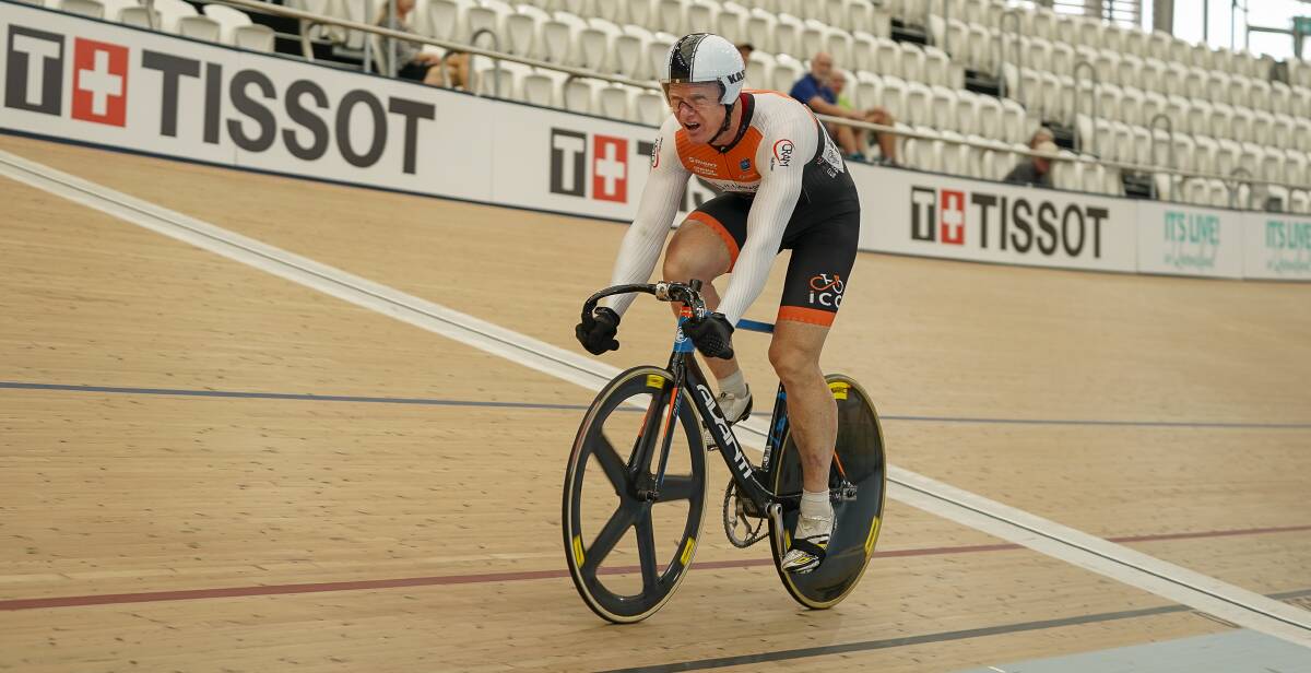 IN CONTROL: Gary Mandy powers ahead to clinch gold in the Keirin at the Masters Track Nationals in Brisbane. Picture: Chris Seen Photography